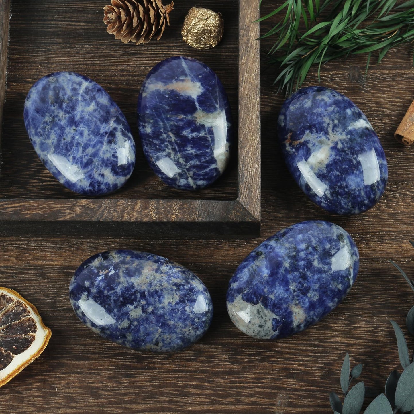 Loveliome Natural Sodalite Oval Polished Worry Stones, Healing Crystal Indoor Fountain Stones Massage Energy Anxiety Relief Items