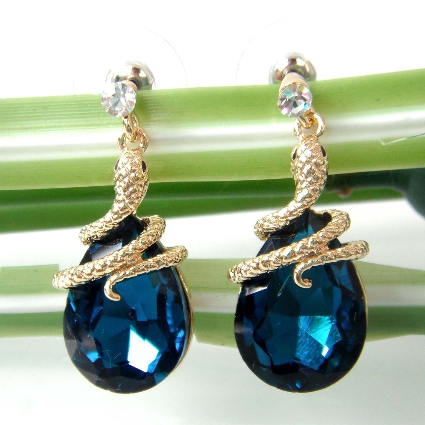 Navachi 18k Gold Plated Crystal Blue Zircon Snake Drop Dangle Earrings
