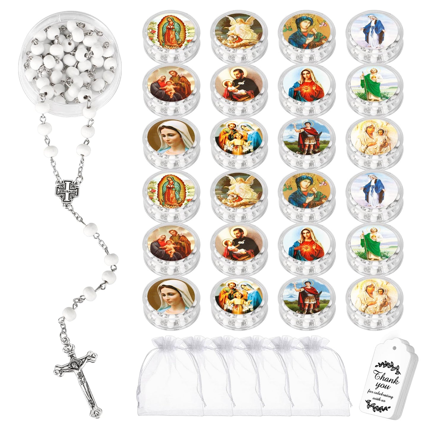 24 Pcs Scented Catholic Rosaries Bulk Wood Bead Crucifix Pendant Rosary Necklace for Baptism First Communion Favors, Catholic Regligious Event Prayer Gifts, Stocking Stuffers for Women Men (White)