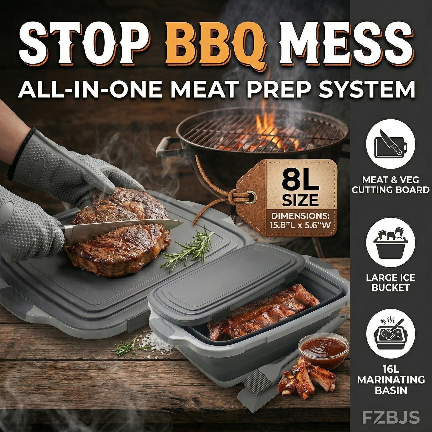Collapsible BBQ Prep Tub with Lid & Cutting Board 8L - Meat Marinating Basin & Grill Carry System - 5pc Set with Heat Resistant Gloves, Basting Brush & Spatula(Black, Large, 8L)