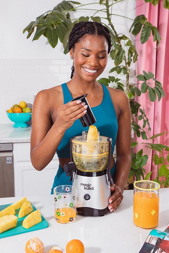 Magic Bullet® Mini Juicer, Countertop Space-Saving, 2" Feed Chute for Fruits and Vegetables, 400W, Compact Design, Black/Silver, MBJ10100