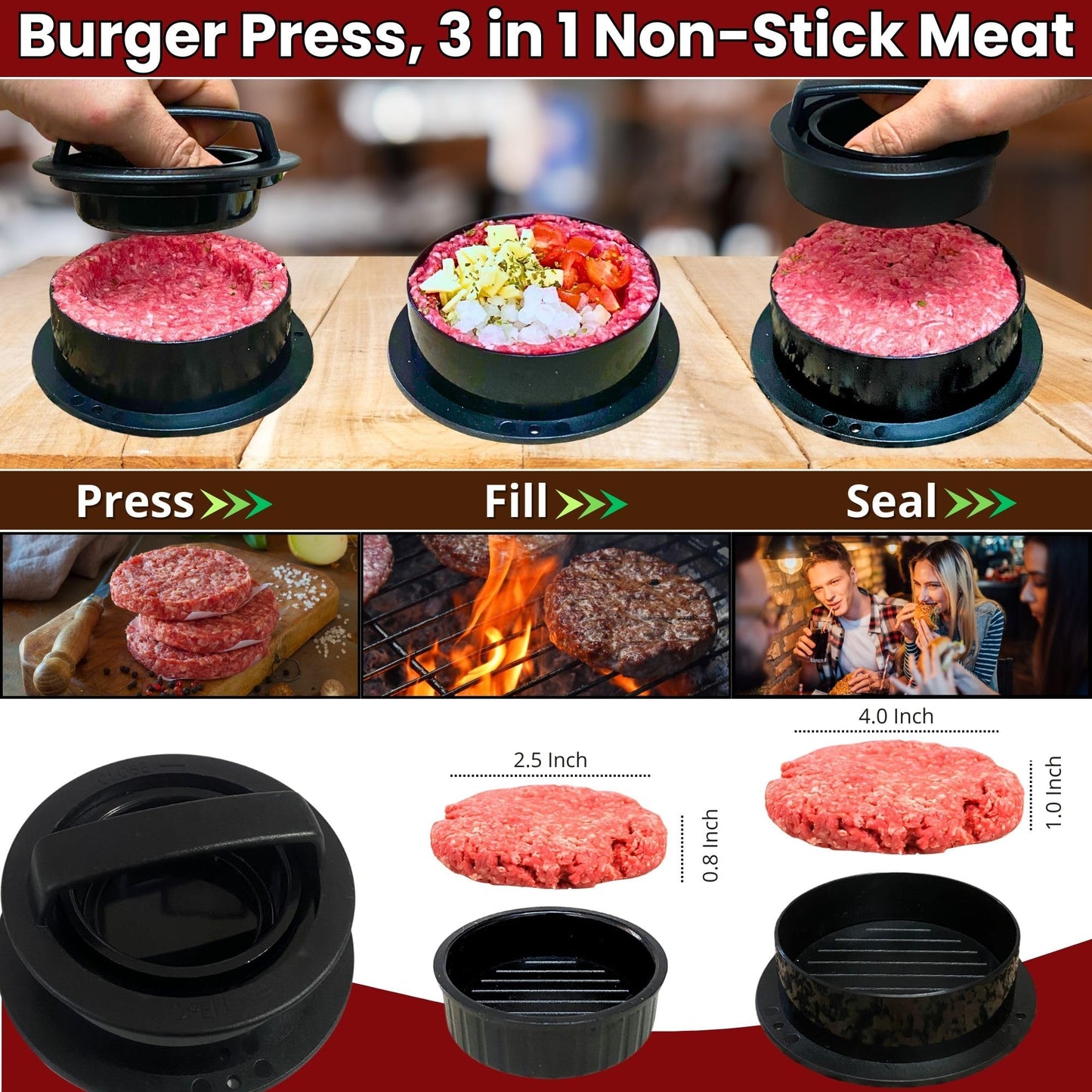 Gamalou® Smashed Burger Press BBQ Kit: 7" Black Round & 8.2x4.3 Rectangle Cast Iron Bacon Press, 3 in 1 Patty Maker, Spatula 6x5, Burger Press Griddle Set for Blackstone, Traeger, Grills, Fry Pan
