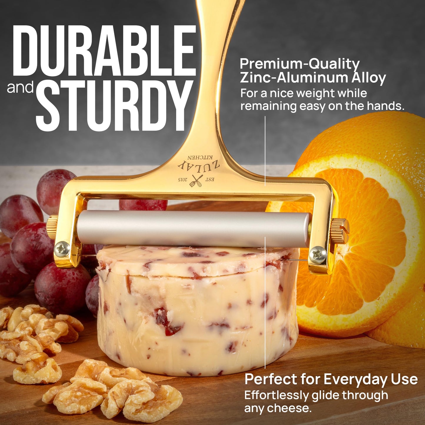Zulay Kitchen Cheese Slicer With Adjustable Thickness – Heavy Duty Block Slicer with 2 Extra Wires – Ideal for Mozzarella, Cheddar, Gouda - Gold