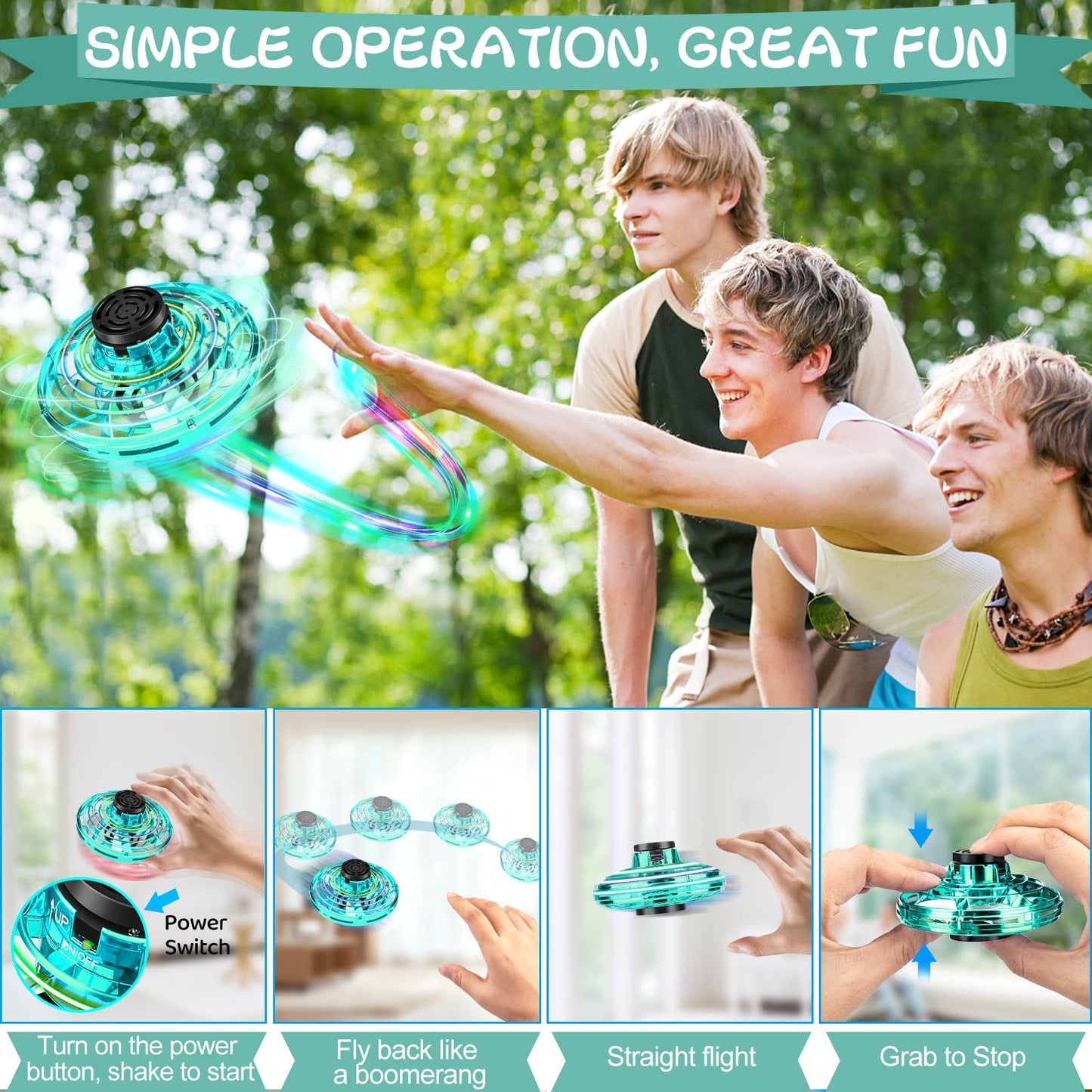 Flying Spinner, FingerToys Magic Flying Spinner, Mini Drones for Kids Adults, Hand Operated Drones Small Sensor Flying Ball Toy with LED Light Indoor Outdoor