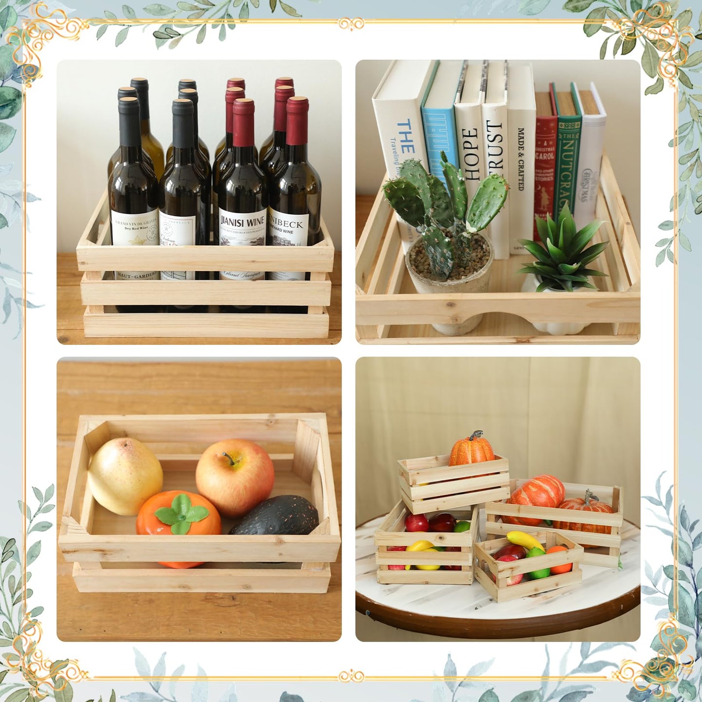 UPPER DECOR Large Wooden Crates Unfinished Set of 4 Decorative Storage Box with Handles, Rustic Farmhouse Wooden Crates for Display, Living Room Container Basket Box for Kitchen, Pantry, Bedroom