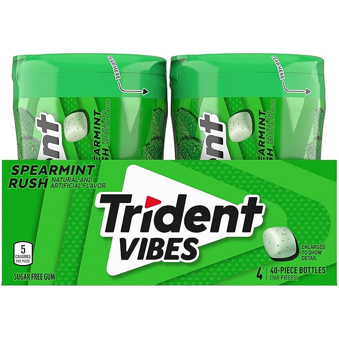 Trident Vibes Spearmint Rush Sugar-Free Chewing Gum, 4 Bottles of 40 Pieces (160 Total Pieces)
