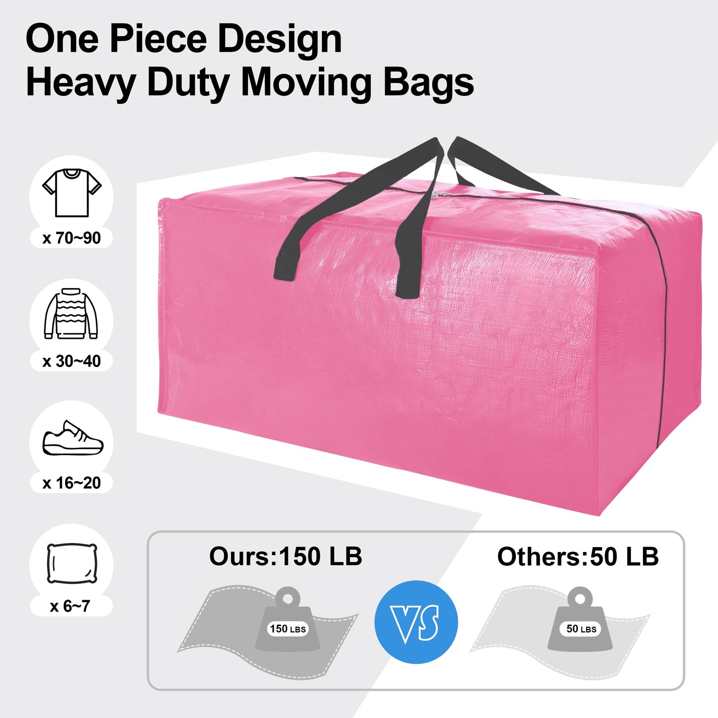 6 Pack Heavy Duty Extra Large Moving Bags W/Backpack Straps - Strong Handles & Zippers, Storage Totes For Space Saving, Fold Flat, Alternative to Box and Bin (40 gal, Pink)