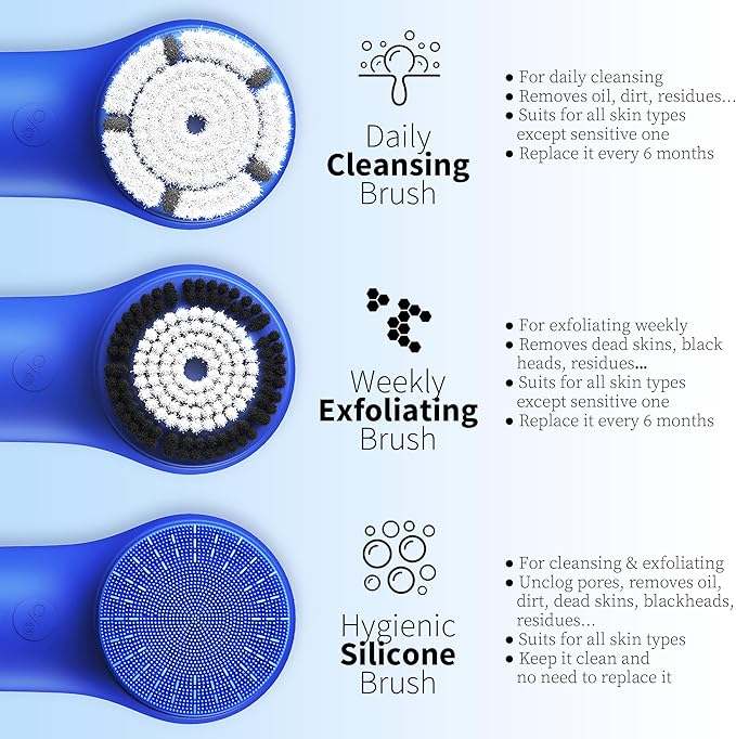 Spinning & V-Sonic Face Scrubber, NågraCoola 3.0 Facial Cleansing Brush, Waterproof & Rechargeable Face Scrub Brush for Men & Women with 3 Brushes, 3 Intensities, 2 Action Modes - Blue