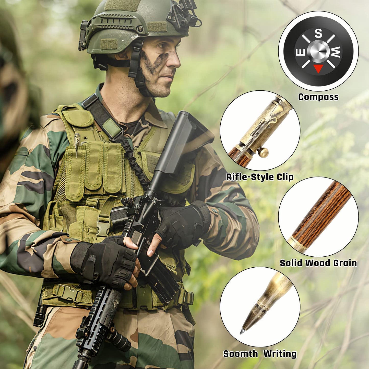 SHALORY Bolt Action Pen with Compass & Extra Refill,Birthady Gift Cool Gadgets for Men Wooden Ballpoint Pens Luxury Gel Ink Pens Medium Point 1.0 mm Black Ink