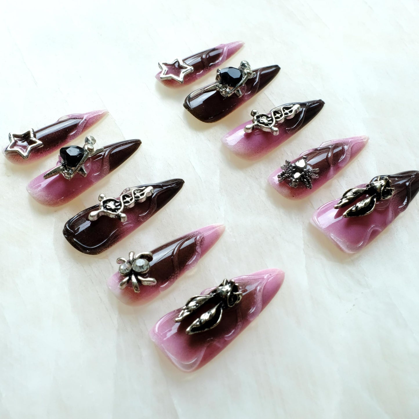GLORS Gothic Press-On Nails, Pink to Black Ombre, Stiletto Shape with 3D Halloween Charms, Handmade False Nail 10 Pieces (Small, LS)