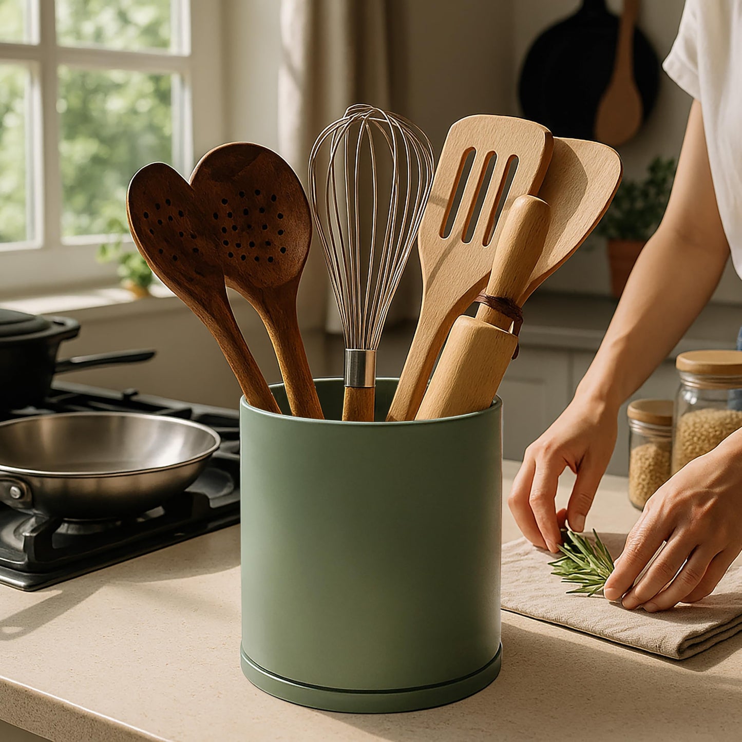 D'vine Dev 360° Rotating Utensil Holder Set – 7.2"+5" Kitchen Utensil Crocks for Countertop, Modern Cooking Tool Organizers for Kitchen Storage +Décor, Olive, Set of 2, 72-Z-C-1