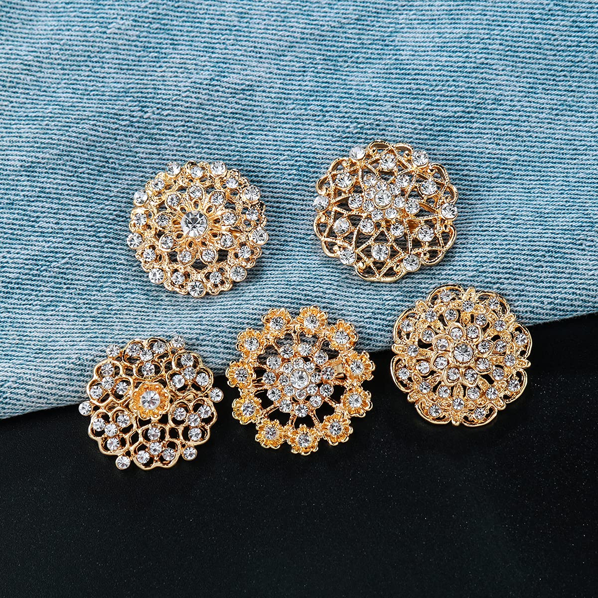 MEEDOZ Women's Gold Plated Lot 12pcs Assorted Crystal Rhinestone Flower Brooch Pin Set for DIY Bridal Wedding Bouquet Kit (Gold Tone)