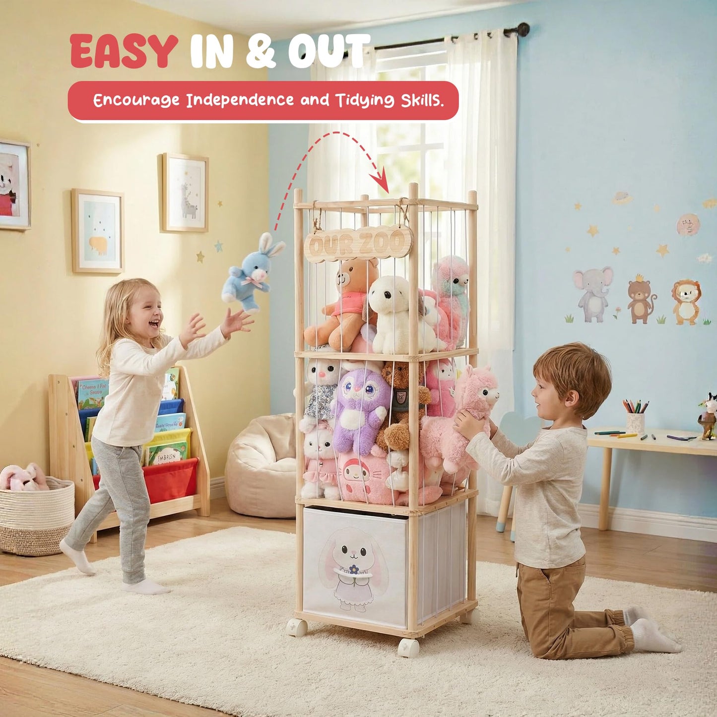 JoyPcsTable Stuffed Animal Storage with Removable Fabric Bins & Locking Wheels, 2-in-1 Wooden Toy Organizer and Display Shelf - Space-Saving for Playroom, Bedroom, Nursery