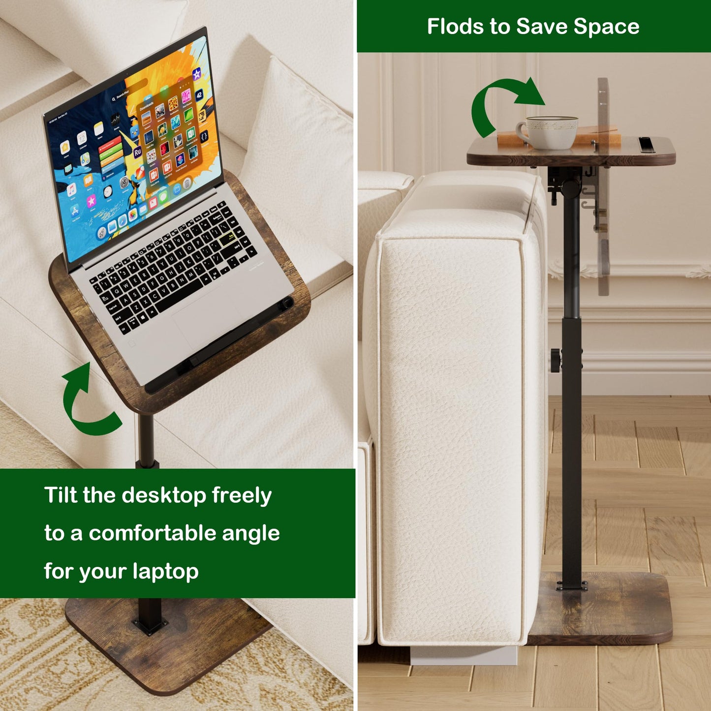 promitop TV Tray Side Table for Couch - 360° Swivel Adjustable Height Rotating Sofa Table C Table End Table Laptop Desk with Phone & Tablet Slot, Perfect for Eating Working Reading, Fits Small Spaces