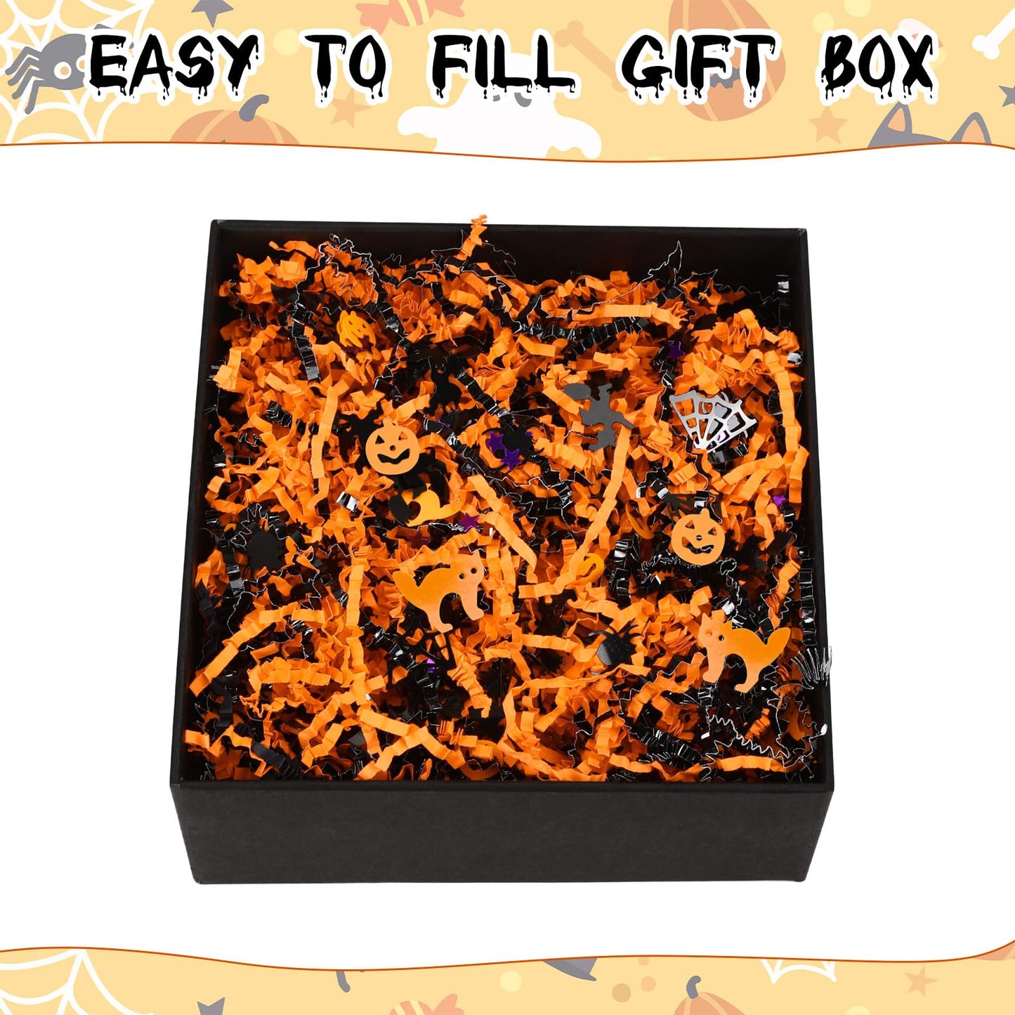 Jansun Halloween Black Orange Crinkle Cut Paper, 115g/4oz Shred Filler with Pumpkin Spider Bat Witch Confetti for Gift Wrapping Craft DIY Basket Filling Trick or Treat Candy Decorations