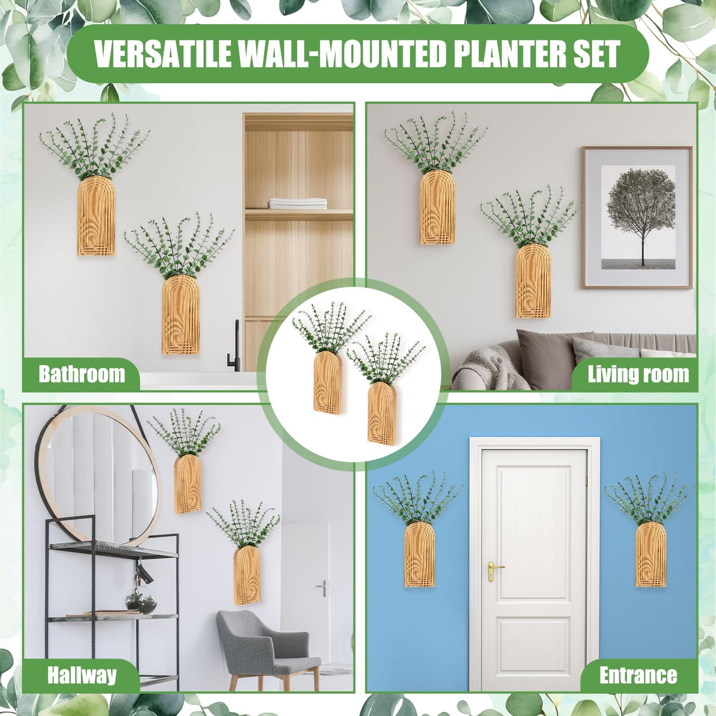 Ninehaoou 2 Pack 15" Wooden Wall Vase with 20 Pcs Artificial Eucalyptus Leaves Stems Planter, Boho Modern Farmhouse Bathroom Hanging Planter for Wedding, Hallway, Bedroom, Living Room