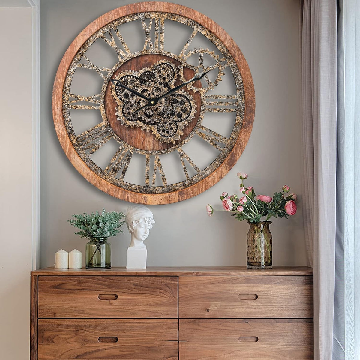 HOIBAI Large Wall Clock, Wall Clocks for Living Room Decor 20 Inch Farmhouse Vintage Rustic Kitchen Wall Decor Vintage Roman Oversized Wall Clock for Home Bedroom House, Moving Gears Clock
