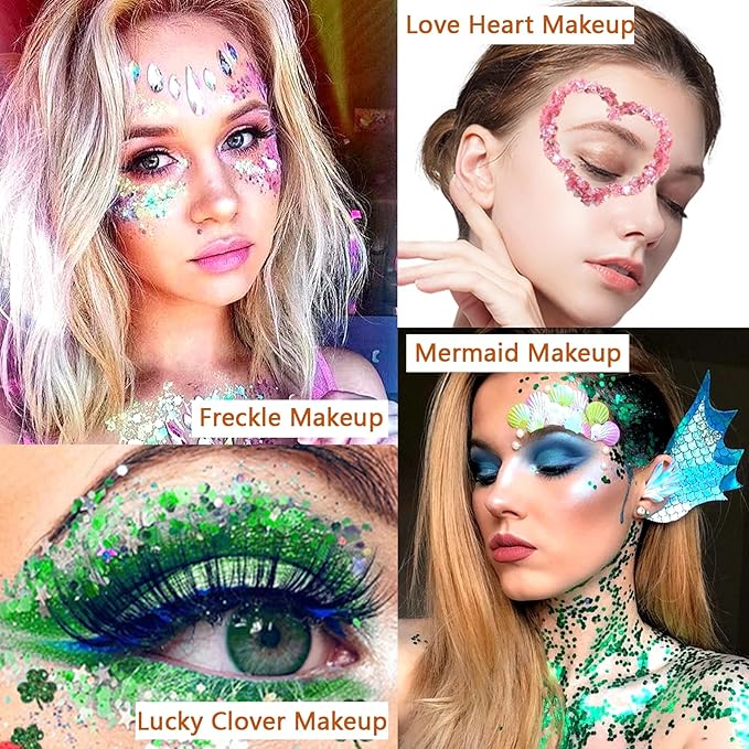 Boko 50ML Body Glitter Gel, Green St. Patrick's Day Chunky Glitter Gel for Face Hair Body Sparkle Makeup, Mermaid Face Glitter Sequins for St. Patrick's Day Concert Party Rave Accessories