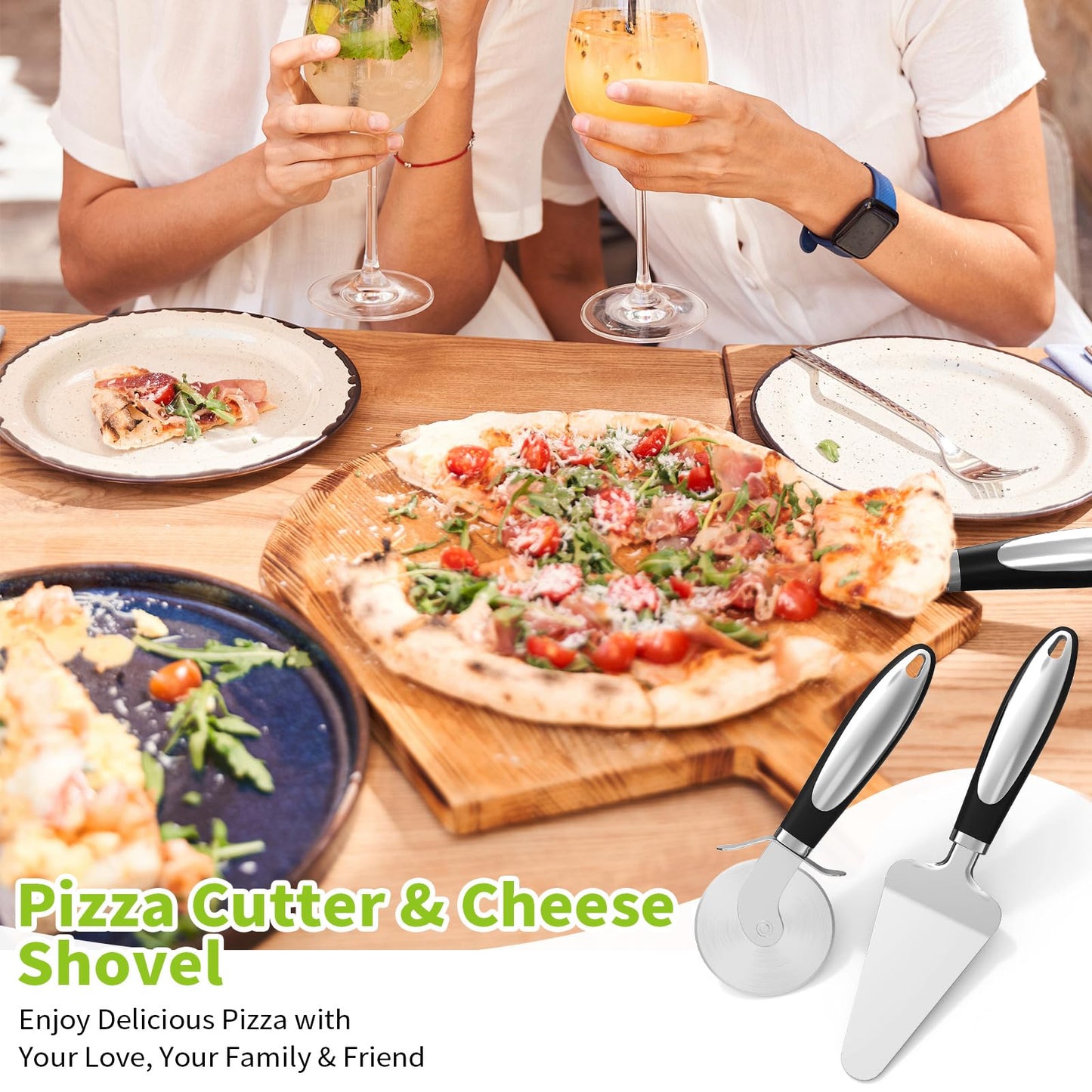 Stainless Steel Pizza Cutter Wheel and Cheese Server Set, 2-Piece Multipurpose Pizza Slicer with Sharp Blade and Ergonomic Handle, Durable, Dishwasher Safe, Easy to Cut and Serve