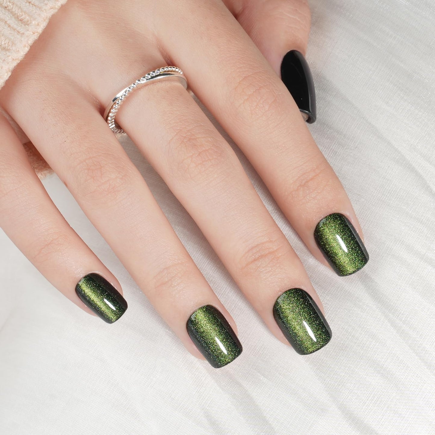 Green Cat Eye Press On Nails - Short Square Emerald Green Nails Press ons for Women, Reusable Glossy Fake Nails Kit with Glue, 30 Pieces in 15 Sizes