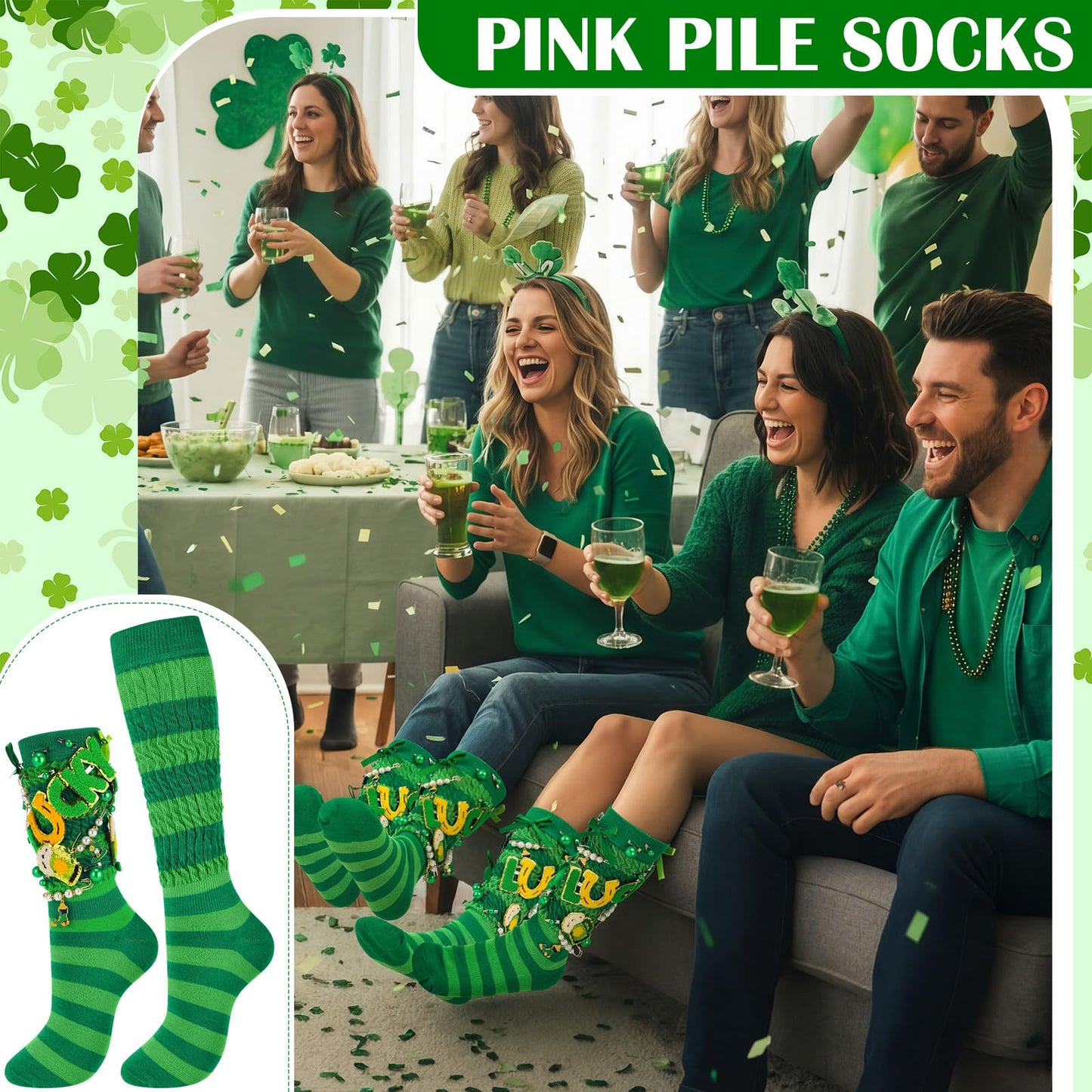 Chicingyou 40 Pcs St. Patrick's Sock and Charms Kit for Women Include 2 Pairs DIY Irish Socks 38 St. Patricks Charms Accessories Jewelry Decor Irish Chenille Patches Brooch Green Shamrock Patrick Gift