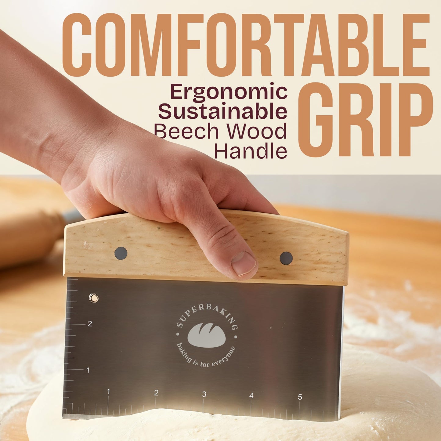 Superbaking Dough Scraper - 6" Bench Scraper - Dough Cutter with Ruler - Pastry & Cake Scraper - Kitchen Tools Sourdough Baking Supplies - Bread Making Tools & Accessories for Home Bakers