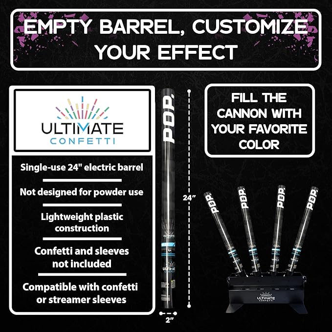 Ultimate Confetti - 24” Electric Empty Barrel Confetti Popper cannon, Empty Single-Use Barrel for Confetti or Streamers, Shoots 25–35 ft, Requires EC-1 or EC-4 Confetti Machine to Activate