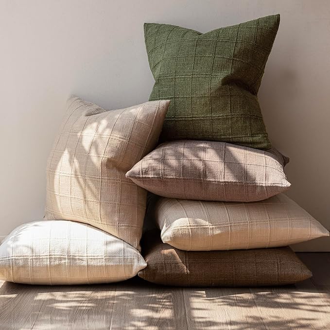 Foindtower Set of 2 Decorative Linen Check Throw Pillow Covers Neutral Farmhouse Vintage Cushion Covers Modern Boho Home Decor for Sofa Chair Couch Bedroom Living Room,18×18 Inch,Olive Green