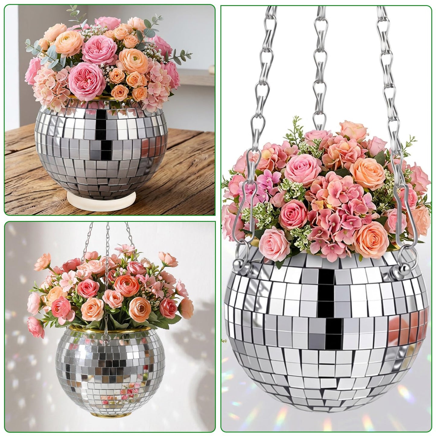 Ubamdom 3 Pcs Hanging Disco Ball Planter, Sliver Disco Mirror Ball Planter with Chain, Home Boho Hanging Planter for Indoor Outdoor Plants, 4Inch