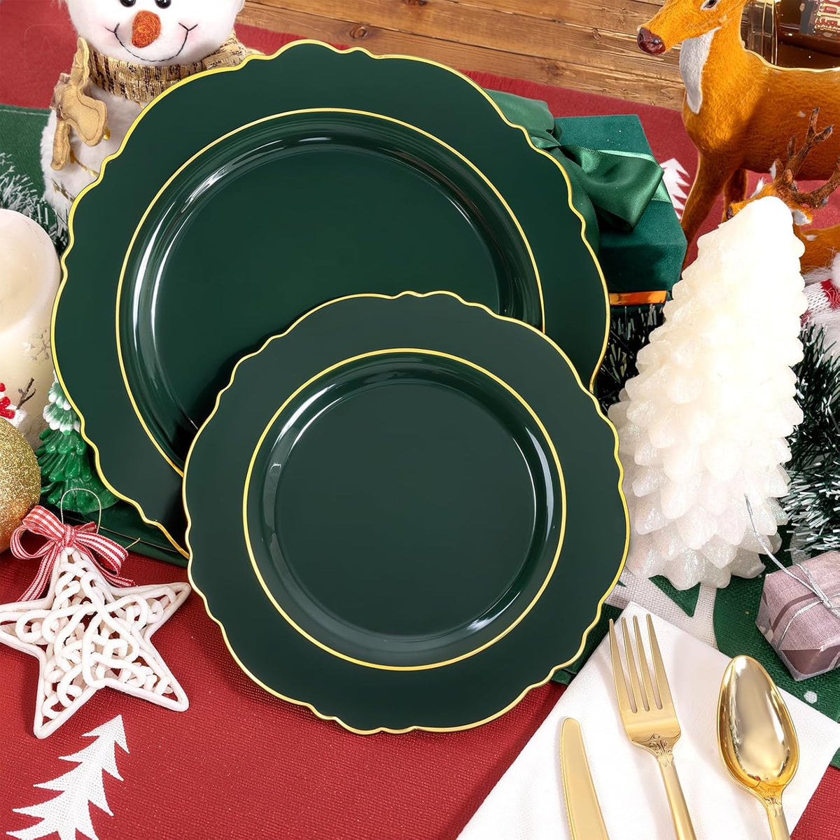 Liacere 350PCS Green Plastic Plates - Dark Green Disposable Plates With Gold Rim - 50Guest Baroque Plastic Dinnerware include 100Plates-50Pcs Pre Rolled Napkins with Silverware 50Cups for Christmas