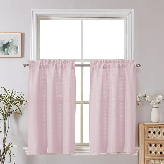 Chyhomenyc Bennet 2-Panel Blush Pink Kitchen Curtains, 36 Inch Length Tier, Faux Linen Textured Small Cafe, Light Filtering Short Window for Bathroom Basement, 30x36 Inch