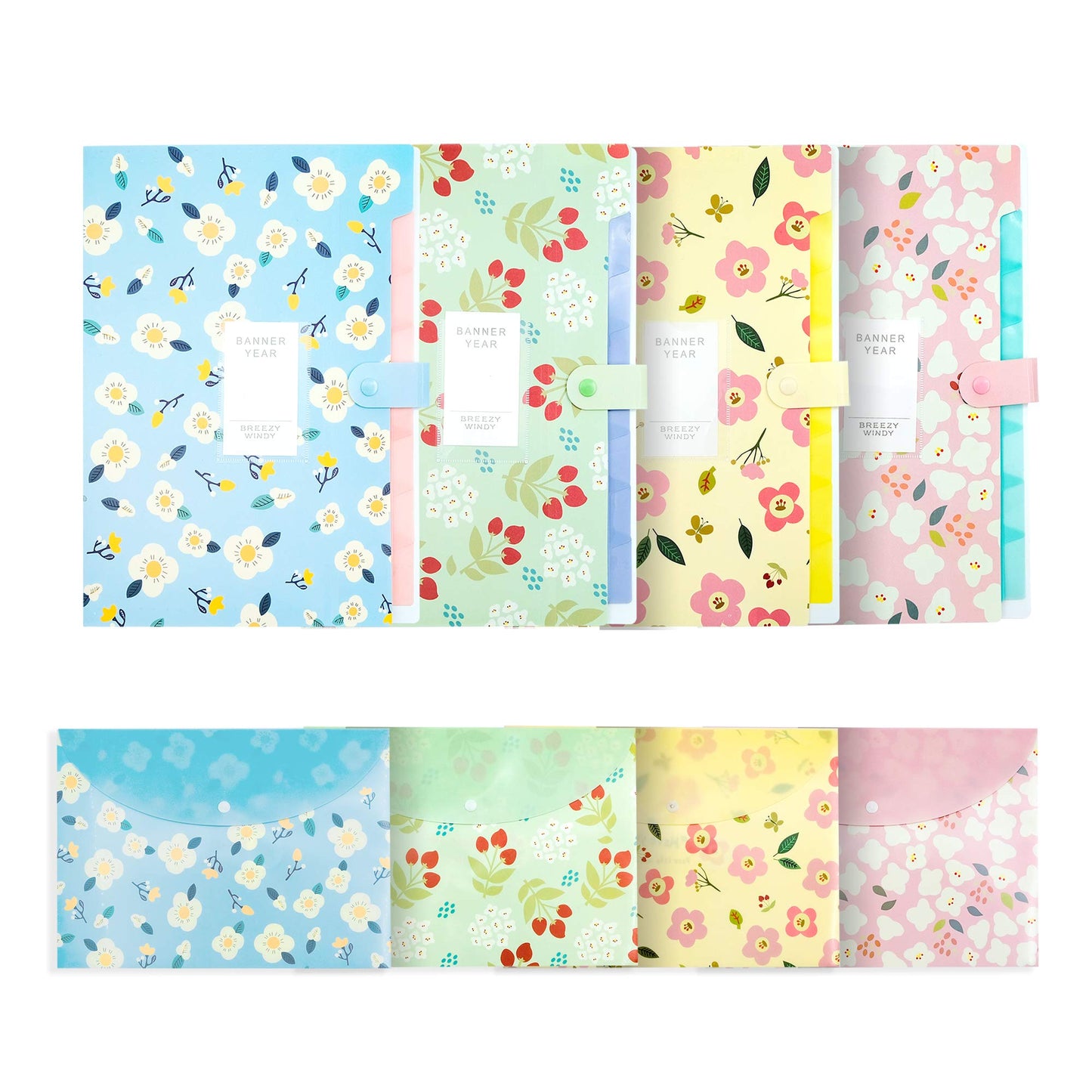 POTTIIS Flower Design Expanding File Folders, 8 Pocket, 4 Pack, A4 Letter Size, Poly Material, 12.8 x 9.3 in