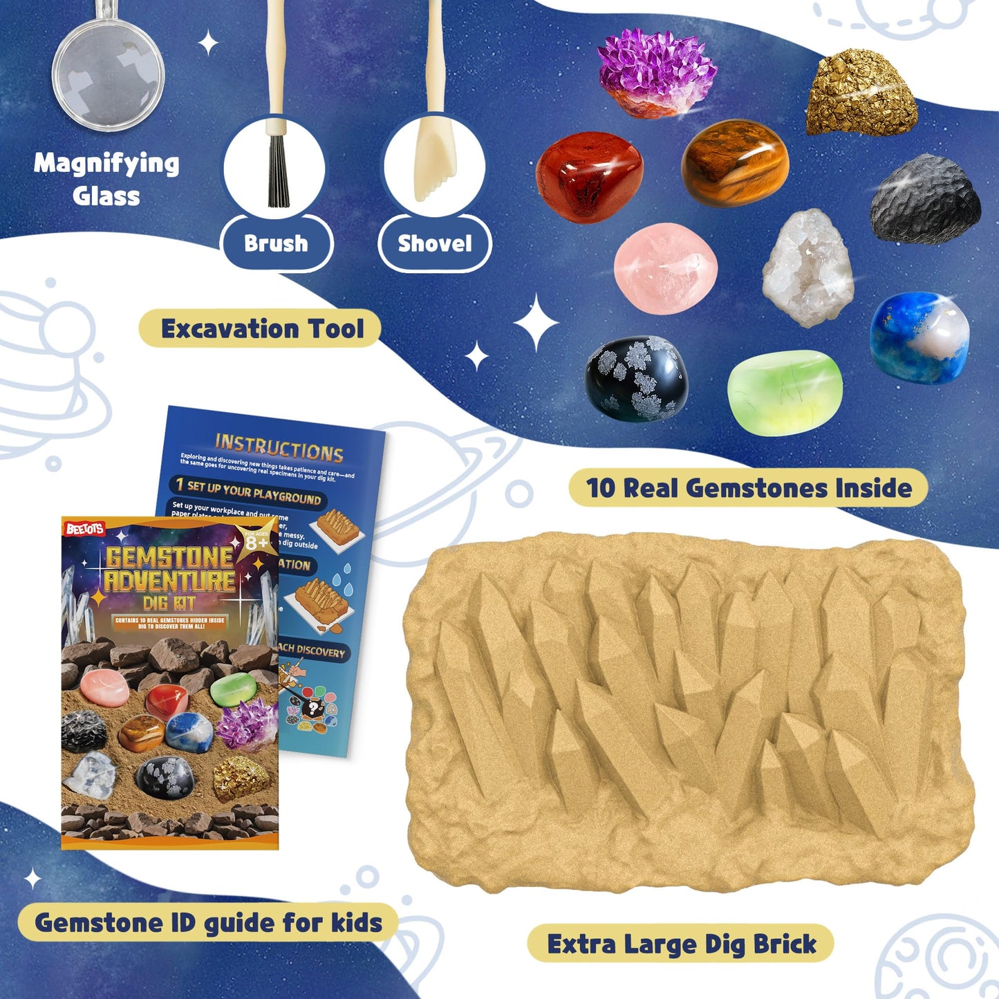 Beetots Gemstone Dig Kit for Kids with 2 Tools, Excavate 10 Real Gems, STEM Science Mining Toy, Educational Gift for Boys and Girls Ages 8-12