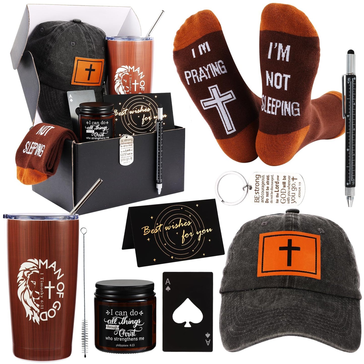 Kolewo4ever 9 Pcs Christian Gifts for Men Dad Religious Gifts for Father Spiritual Religious Catholic Gift Box for Male Friends Co-workers