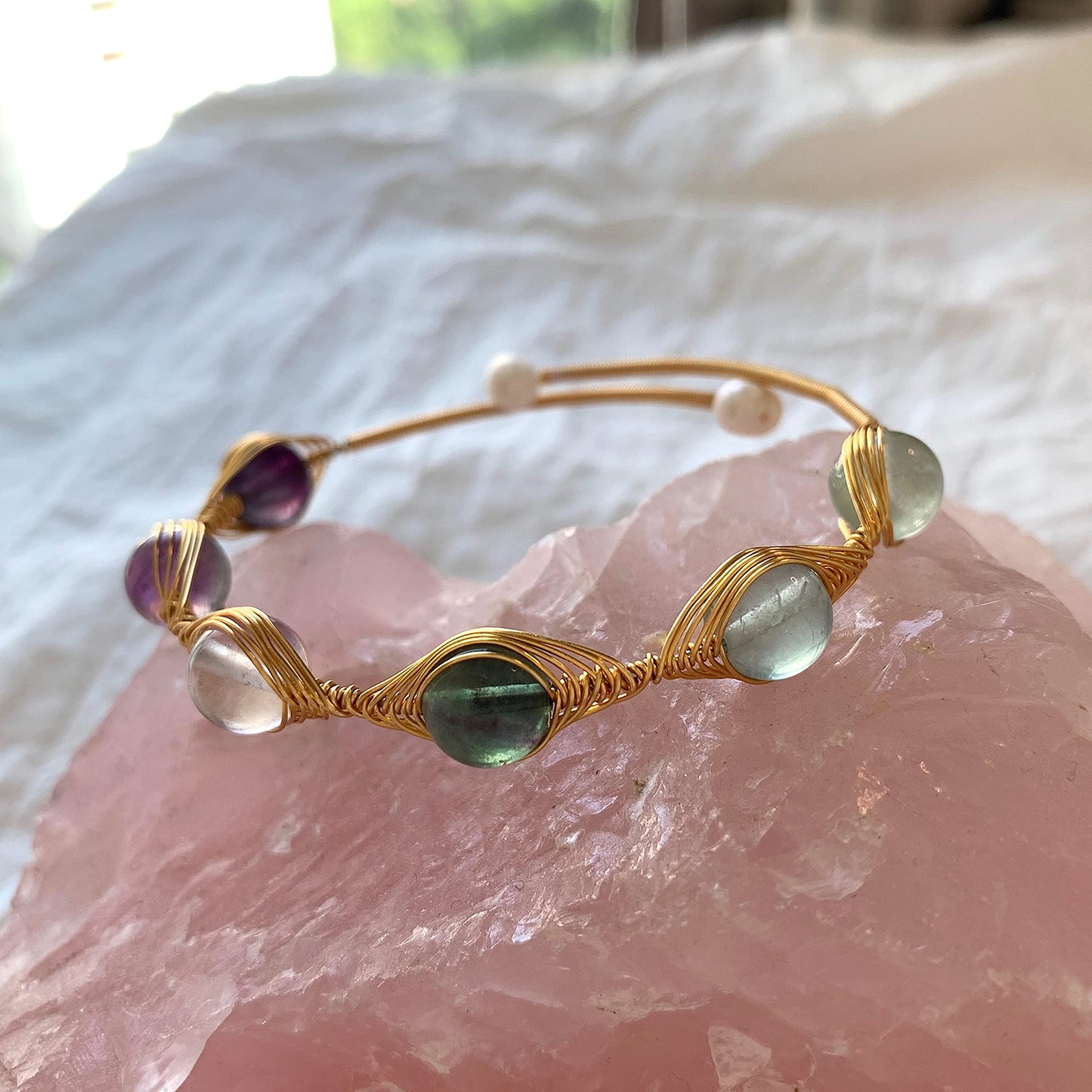 Handmade Genuine Rainbow Fluorite Stones 14k Gold Filled Wire Wrapped Bracelet, Evil Eye Birthstone Chakra Soothing Crystal Beads Adjustable Bangle Cuff Jewelry Gift for Women