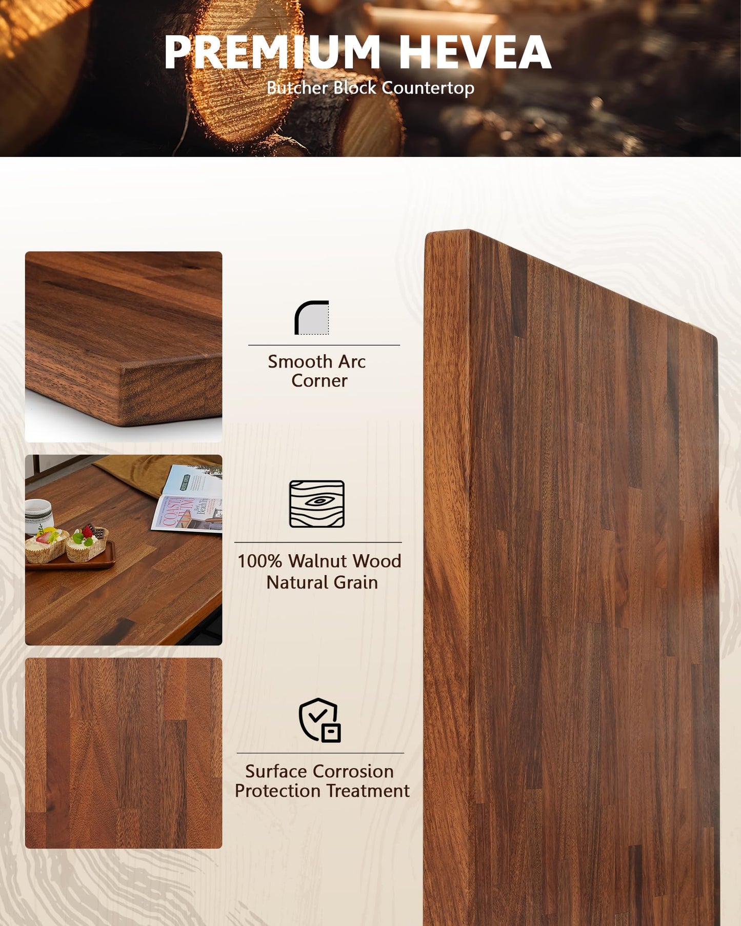 24"x25" Butcher Block Countertop, DIY Solid Walnut Wood Countertop, 1.5'' Thick Waterproof Table Top, Used as Cutting Board, Office Desk Tops, Dining Room Tables, Laundry and Kitchen Countertop