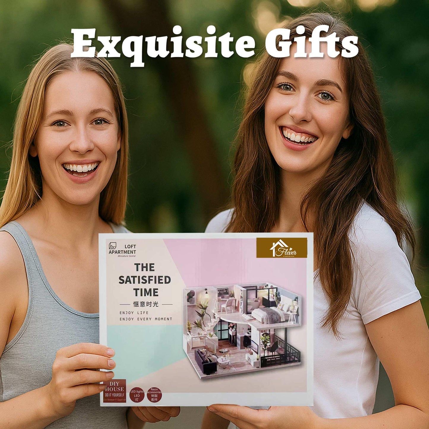 Flever Wooden DIY House Kit, Miniature with Furniture, Creative Craft Gift for Lovers and Friends (Satisfied Time)