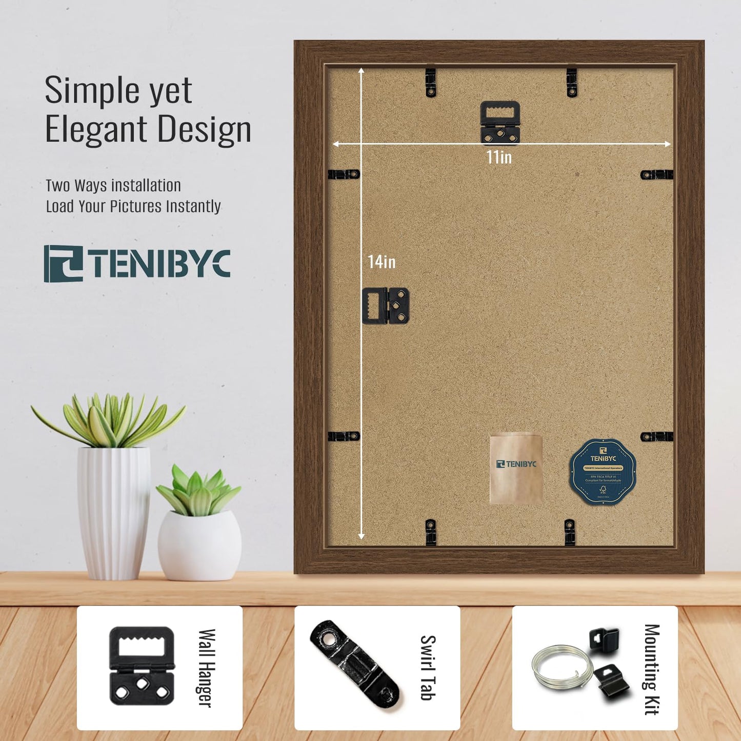 TENIBYC 11x14 Picture Frame Set - 4 Pack, Brown Wood Grain 11 x 14 Photo Frame, HD Tempered Glass, Wall Hanging, Gift for Friend