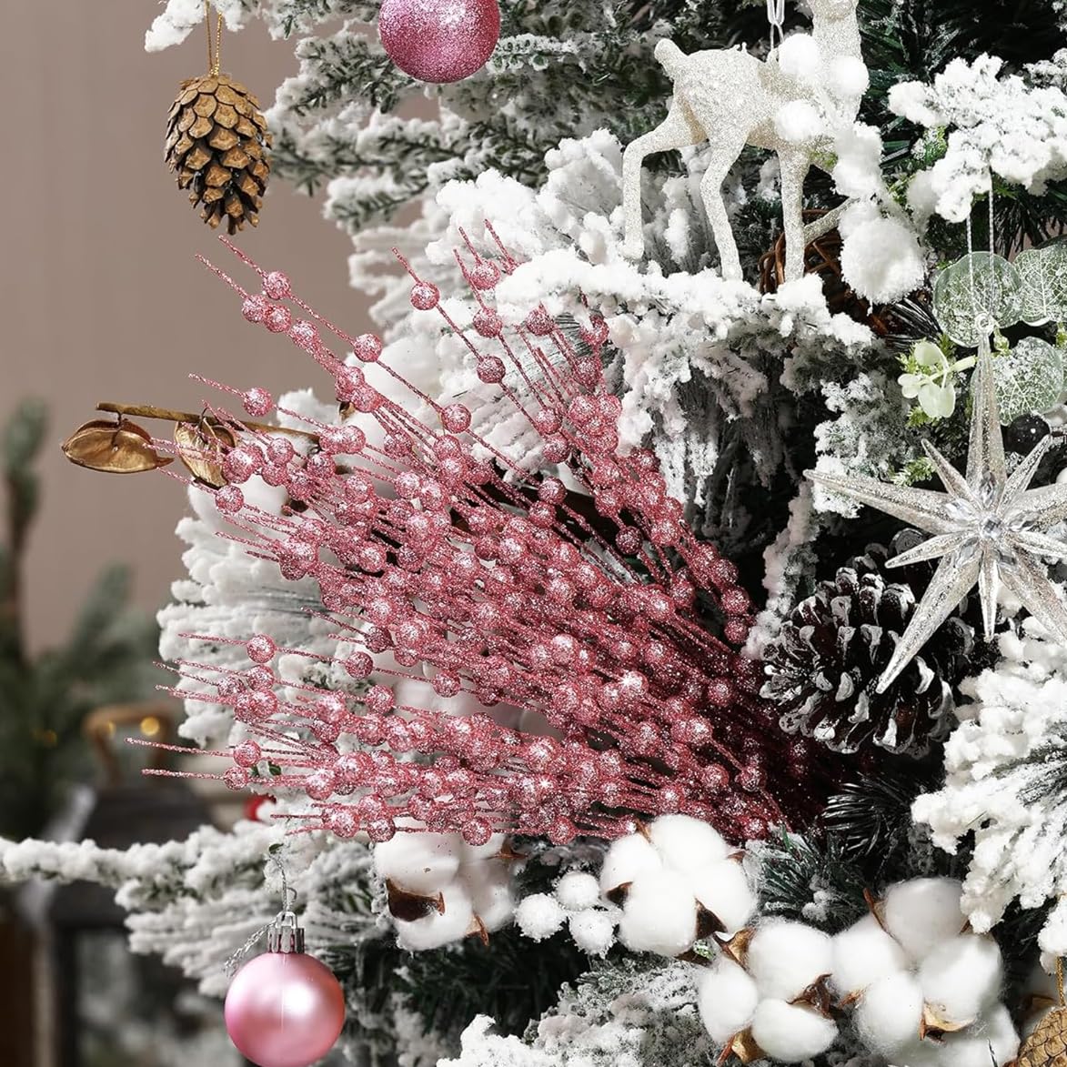 Artificial Glitter Berry Stem Ornaments 17” Decorative Faux Bright Berries Flowers Decorations Picks Bead Sticks Branches for Home Christmas Tree Decor DIY Wreath Crafts - Champagne Pink 10 Pack