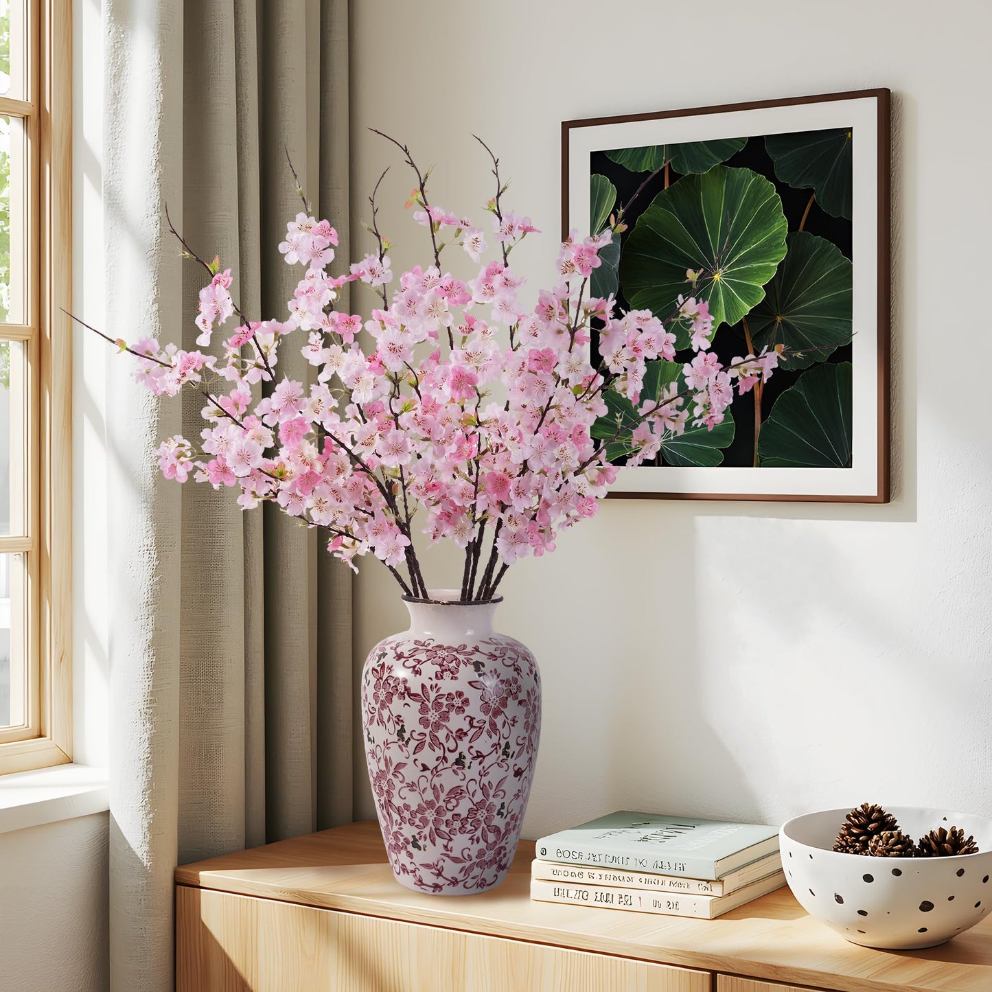 ENALGRE Artificial Cherry Blossom Branches 27.6In Silk Cherry Blossom Branches Long Stem Artificial Flowers for Tall Vase, for Home Decor, Weddings Decor, Parties & Festival Gifts 8PCS ，Pinkish White
