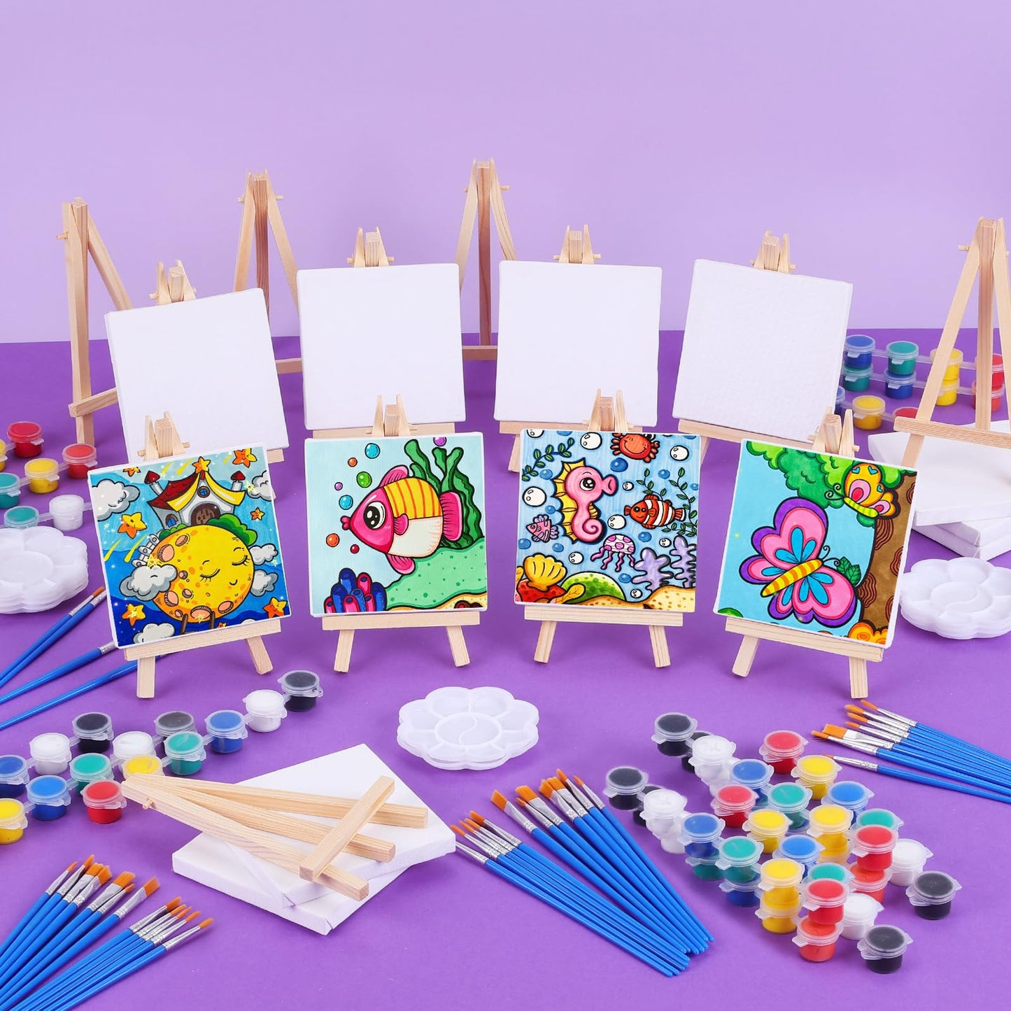 ESRICH 30 Pack Mini Acrylic Paint Kit,Canvas Painting Kit,4in Stretched Canva with 6in Easel,Acrylic Paint Strips,Palettes,Painting Brushes,Canva and Easel Set for Kids Artists Beginner,Gift