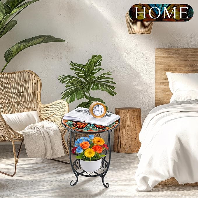 Outdoor Side Table Round Small Mosaic Patio Accent Indoor End Plant Coffee Tea Table for Yard Patio Porch Garden Living Room, Bedroom(Butterfly B Style,12 Inch)