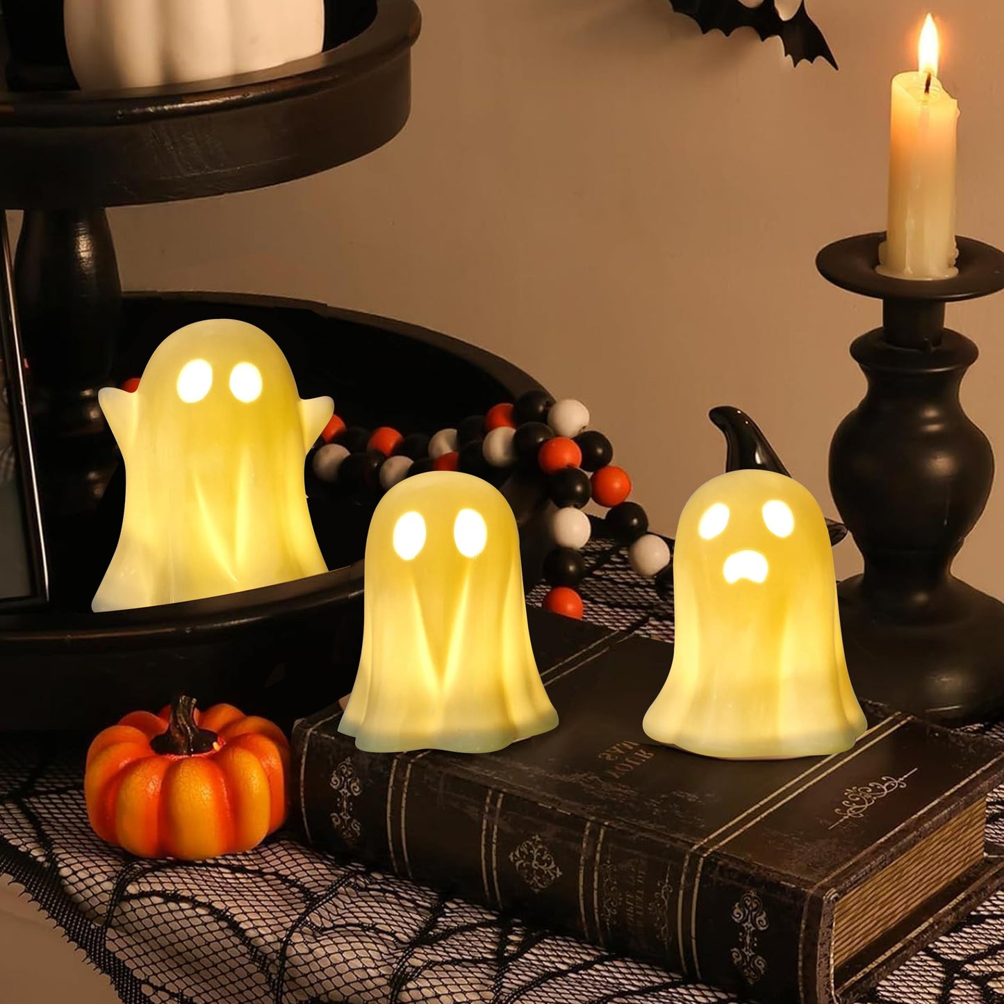 CUTEHO Cute Ghost Light Up Halloween Decor, LED White Ceramic Spooky Lanterns Decorative Light Halloween Party Decoration for Tiered Tray Shelf Table Centerpieces Desk Bedroom Room（3 Pack）