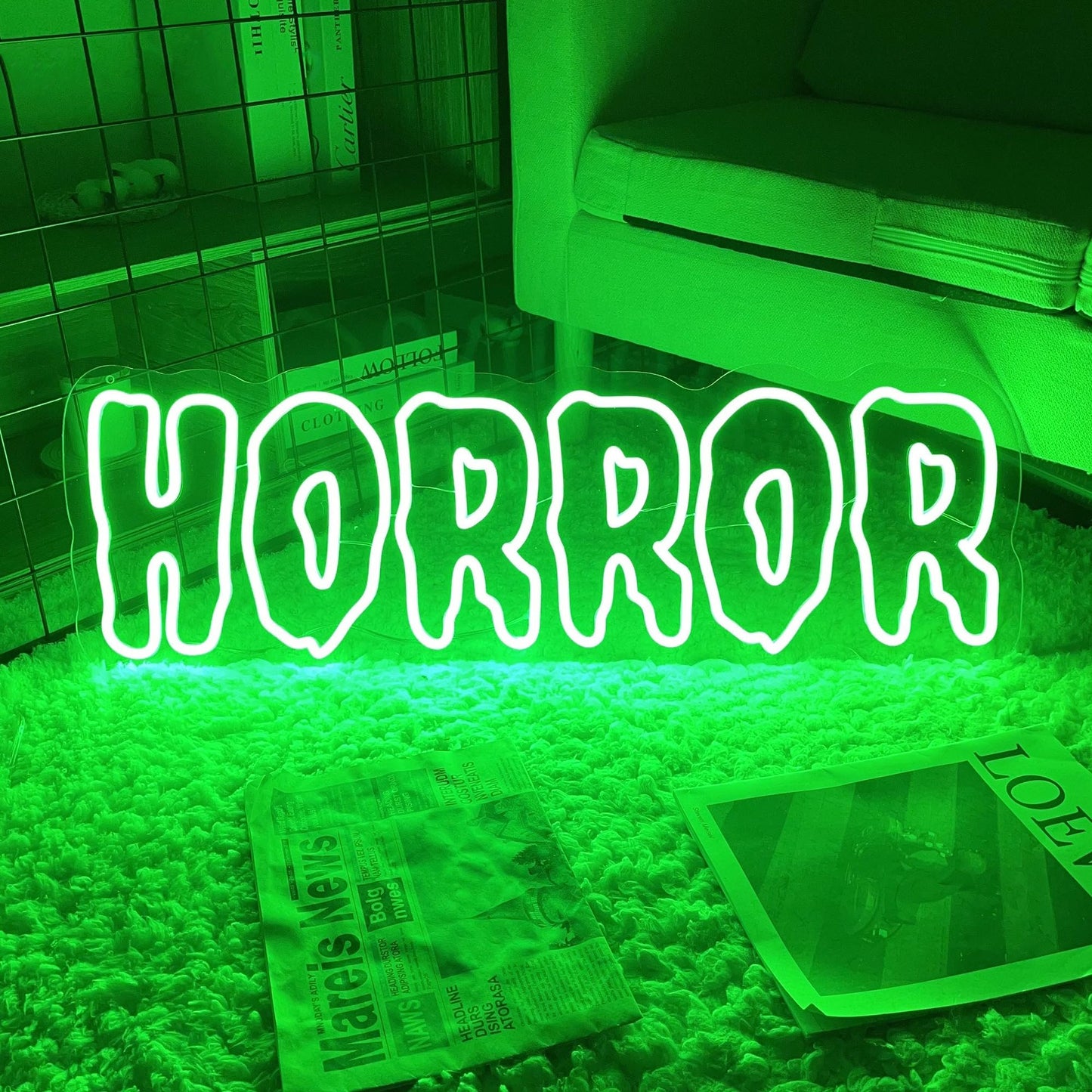 Horror Neon Sign – Green LED Wall Light for Halloween Party Decor, USB Powered Dimmable Gothic Accent for Bedroom or Spooky Room Setup, 16.5"×5.7"