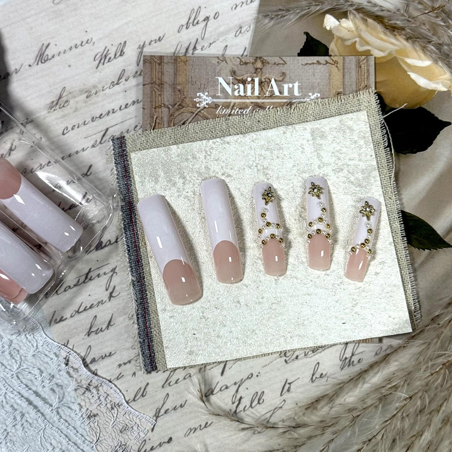 IMSOHOT Curved Press on Nails White French Tip Fake Nails Extra Long Square False Nails with Golden Charms Design Glossy Acrylic Full Cover Stick on Nails for Women Manicure 20Pcs