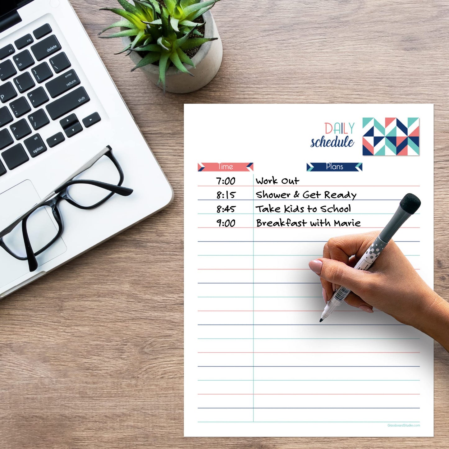 Dry Erase Daily Schedule Planner Sticker Decal by Glassboard Studio | Removable & Reusable | Magnetic Fine-Tip Marker Included (9 x 12 inches, Geometric)