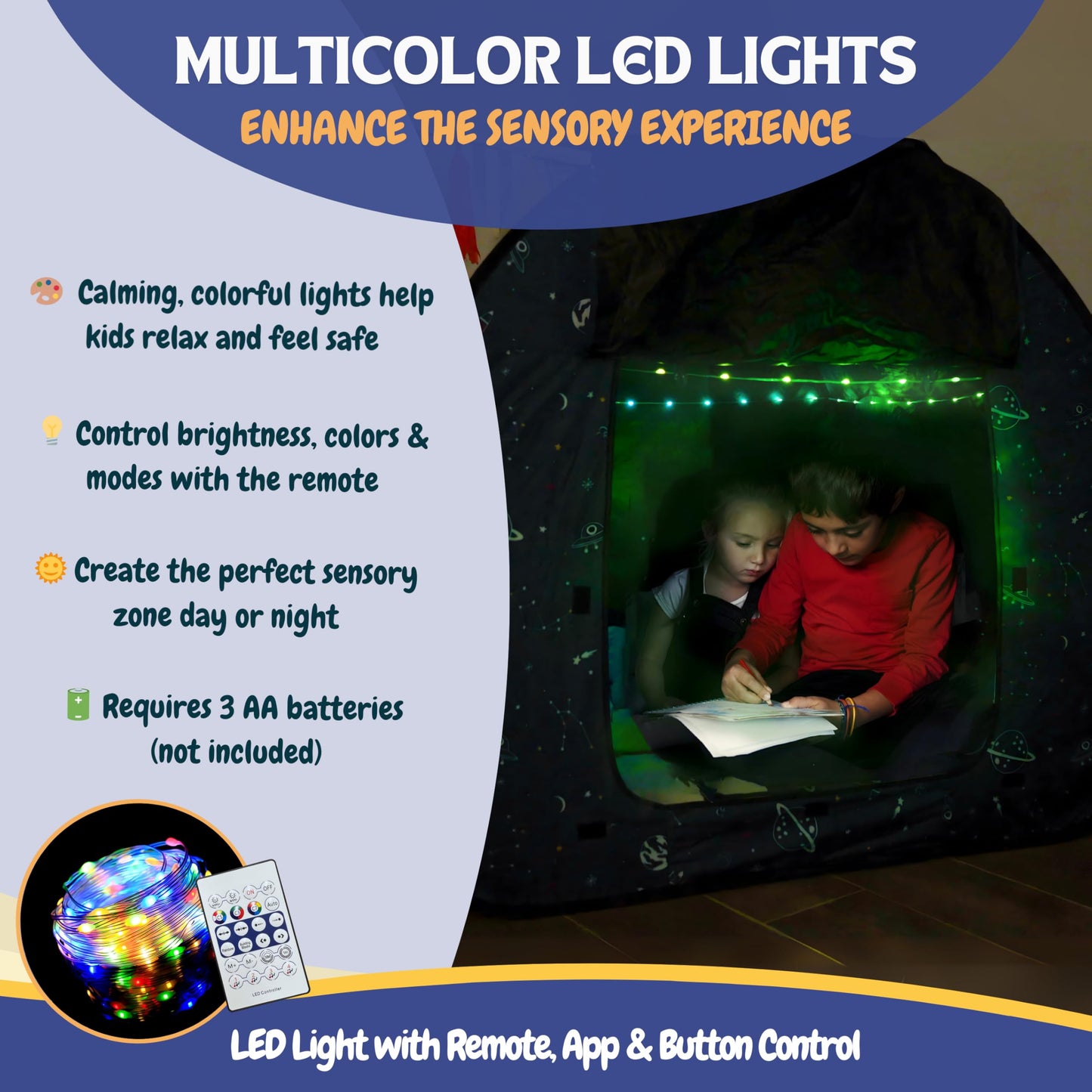 L’ARCHE Sensory Tent for Kids with LED Lights & Remote Blackout Pop-Up Calm Down for Autism, ADHD & SPD Indoor Sensory Room Play Tent Foldable & Portable (Space Theme, Big 47.2 inches)