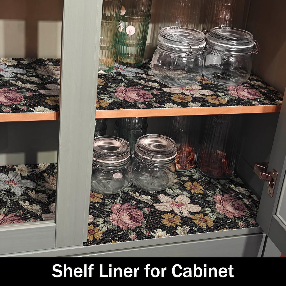 Black Retro Floral Shelf Drawer Liner for Kitchen Non (9.67 Sq Ft)