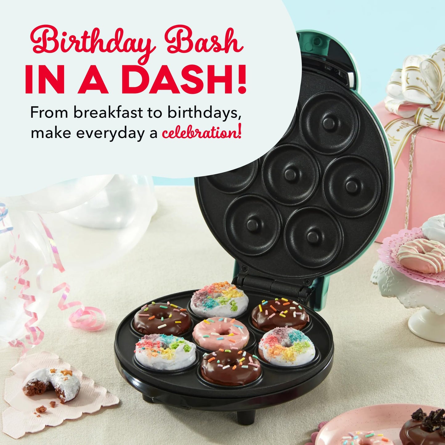 Dash Express Mini Donut Maker - Homemade Dessert Maker - Features Double-Sided, Non-Stick Surface & Space-Saving Design - Makes 7 - Aqua