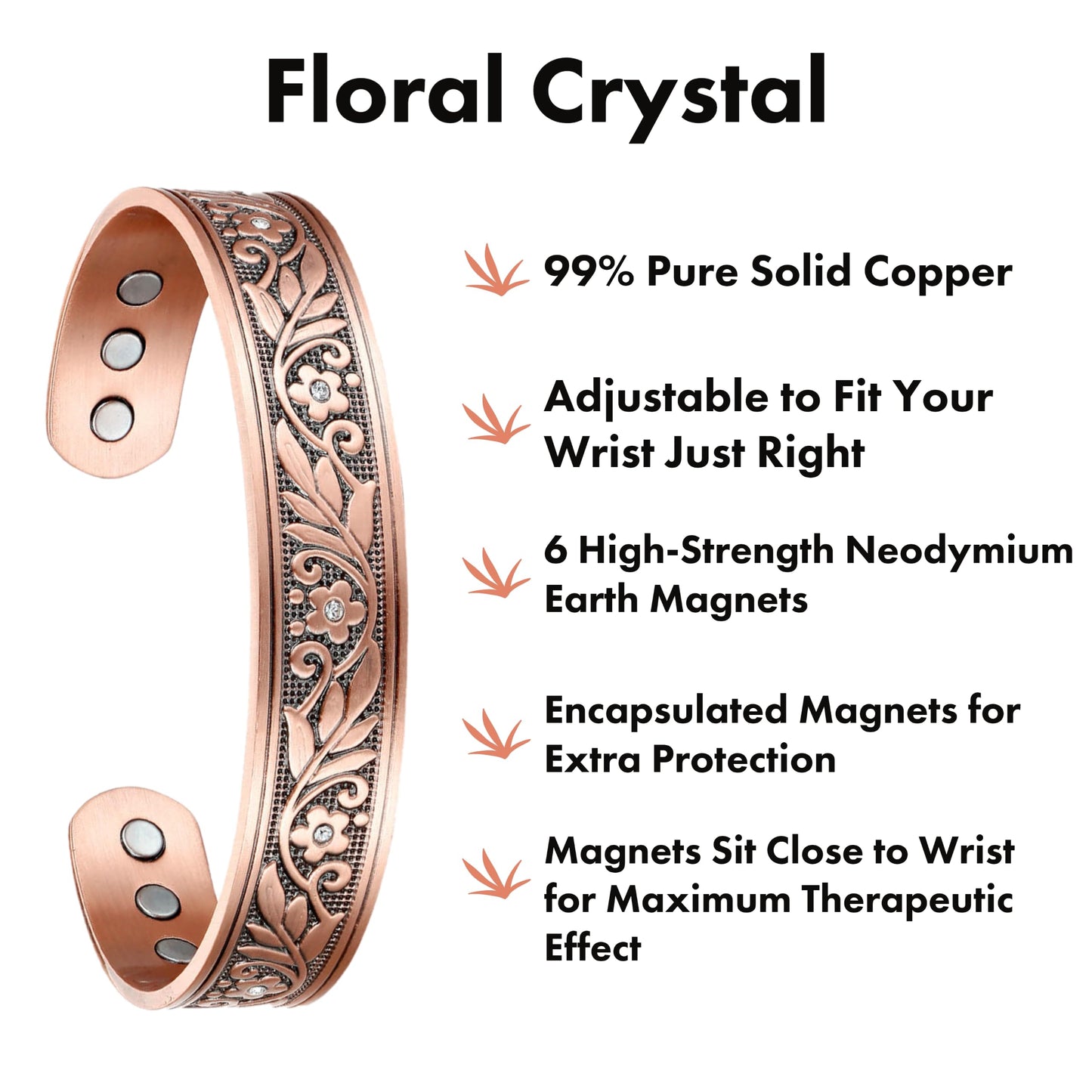 Earth Therapy Women's Floral Crystal Magnetic Copper Cuff Bracelet - Adjustable Sizing - Ultra Strength